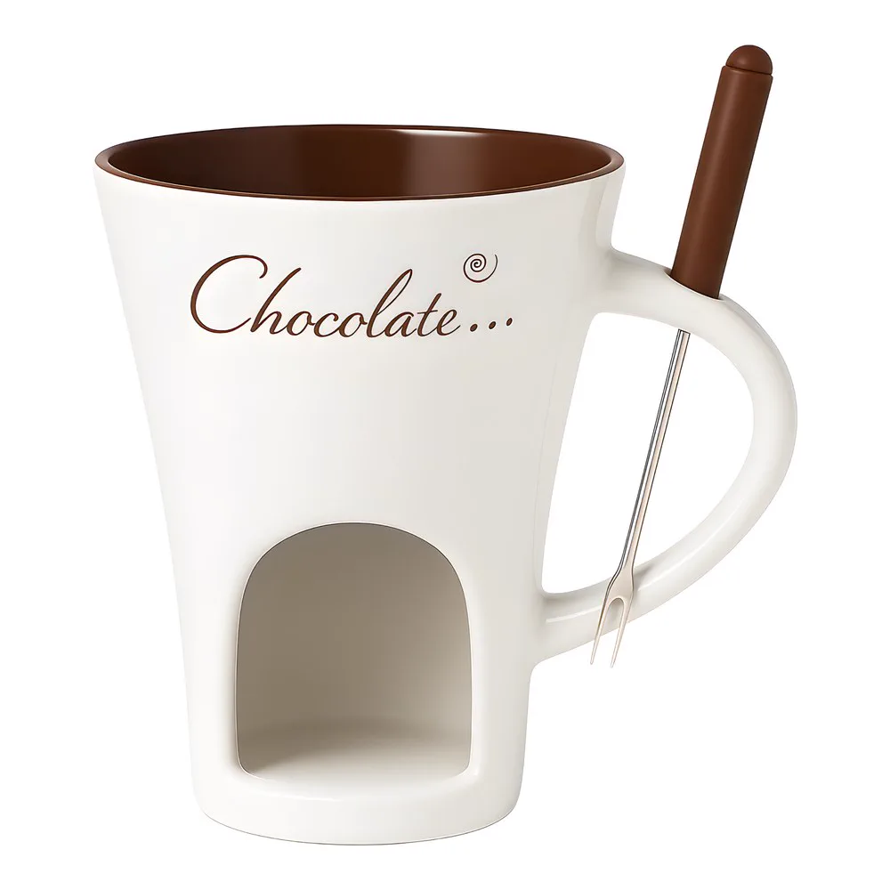 White fondue mug with a chocolate brown interior and a brown-handled fondue fork in the handle.